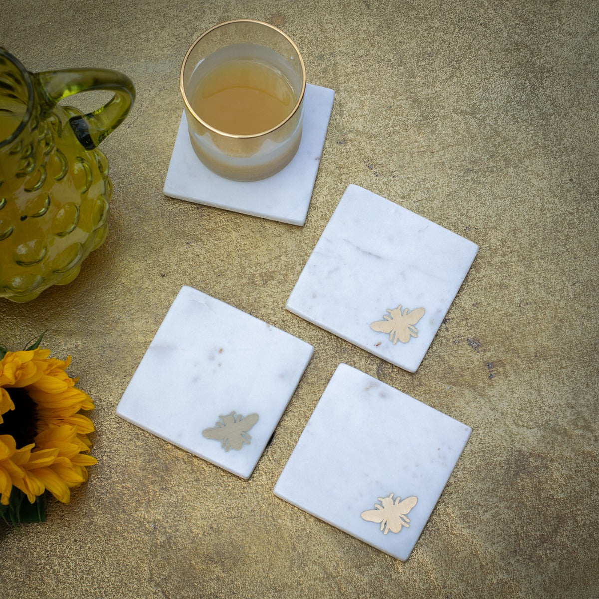 Set of 4 Marble Coasters with Brass Bee