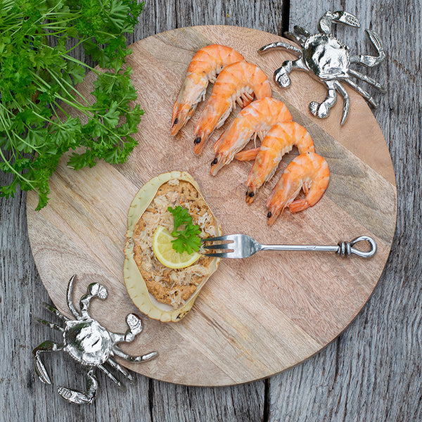 Round Wooden Serving Board with Crab Design