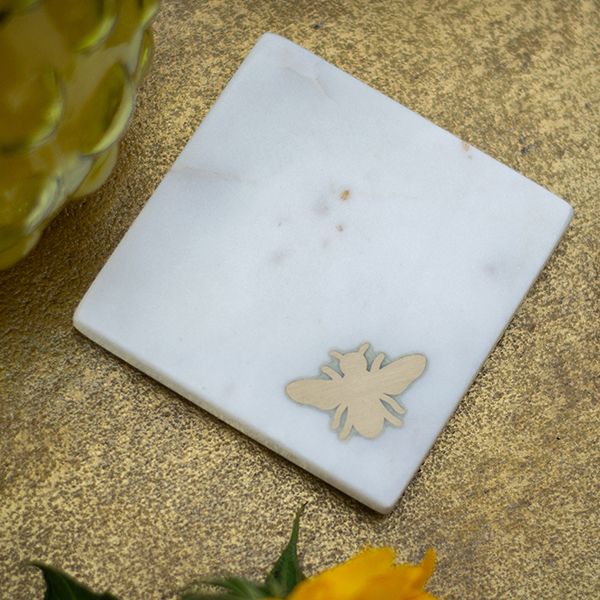 Set of 4 Marble Coasters with Brass Bee