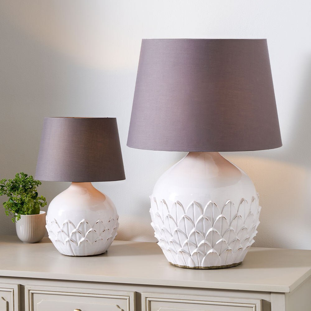 Small White Leaf Detail Stoneware Table Lamp