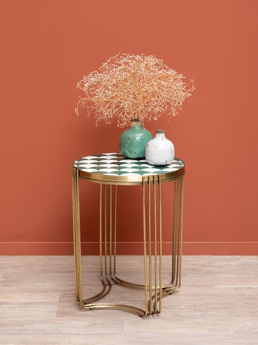 Side Table Ceramic Tiles Green & White