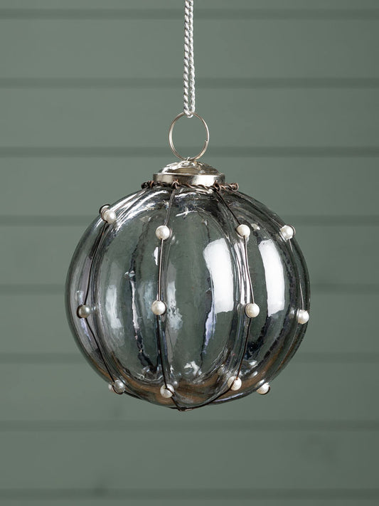 Christmas Bauble Grey Glass & Pearls