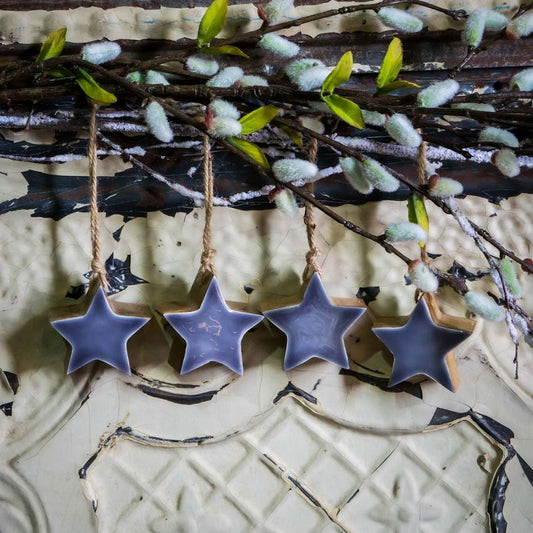 Set of Four Grey Wooden Star Decorations