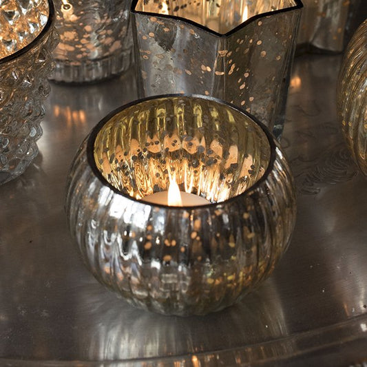 Antique Silver Mercury Glass Globe Tea Light Holder