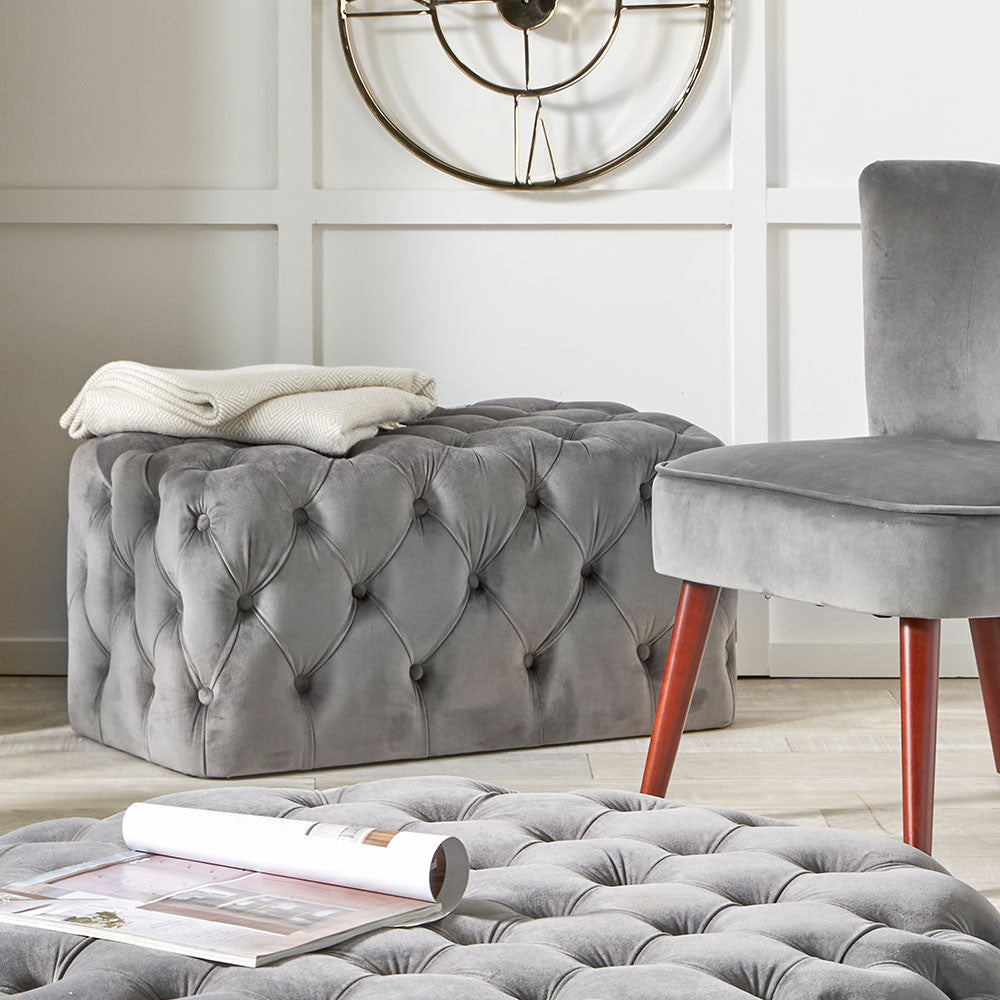 Dove Grey Velvet Buttoned Bench Stool