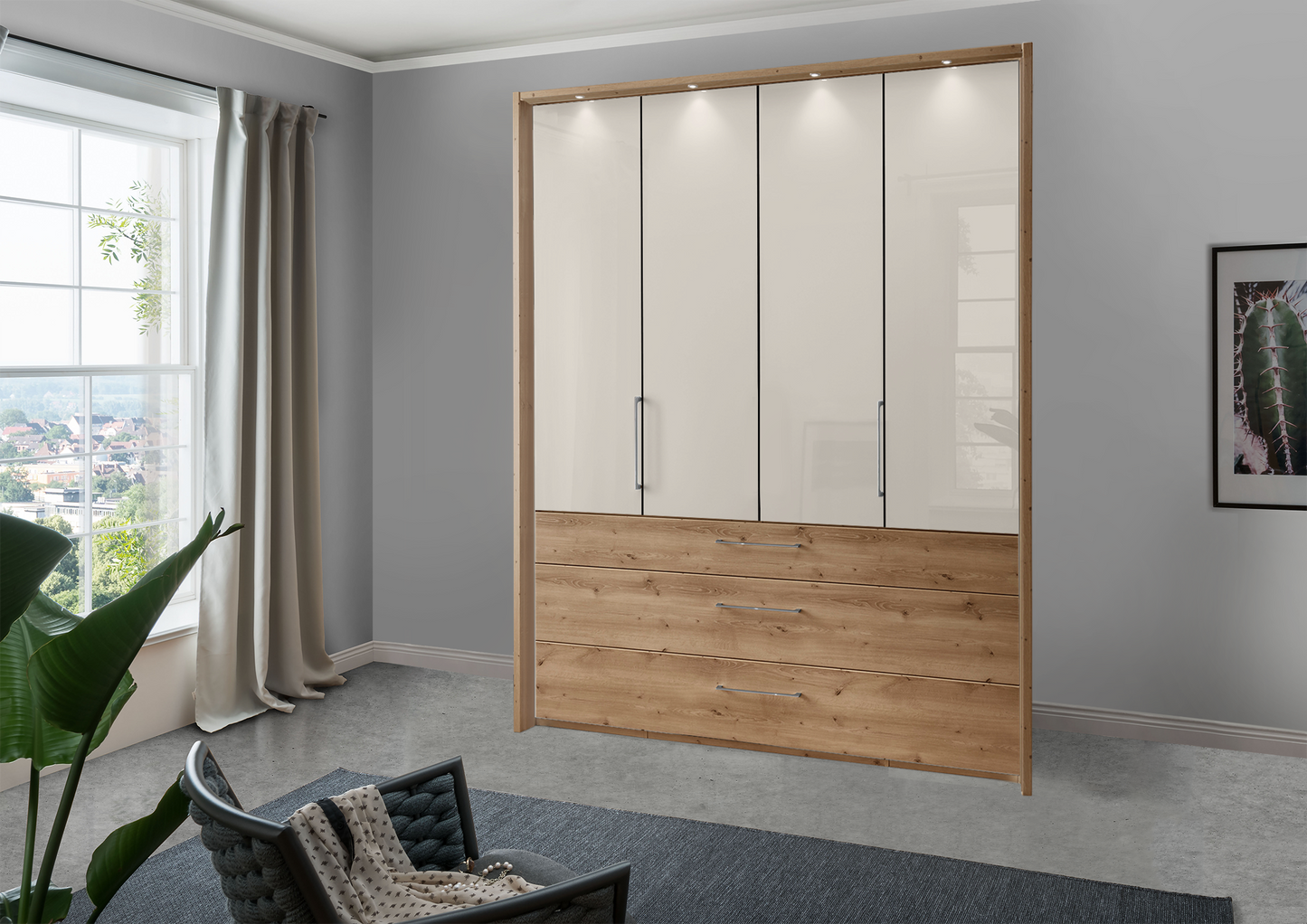 Munich 4 Door Wardrobe Glass Champagne with Drawers 200 cm