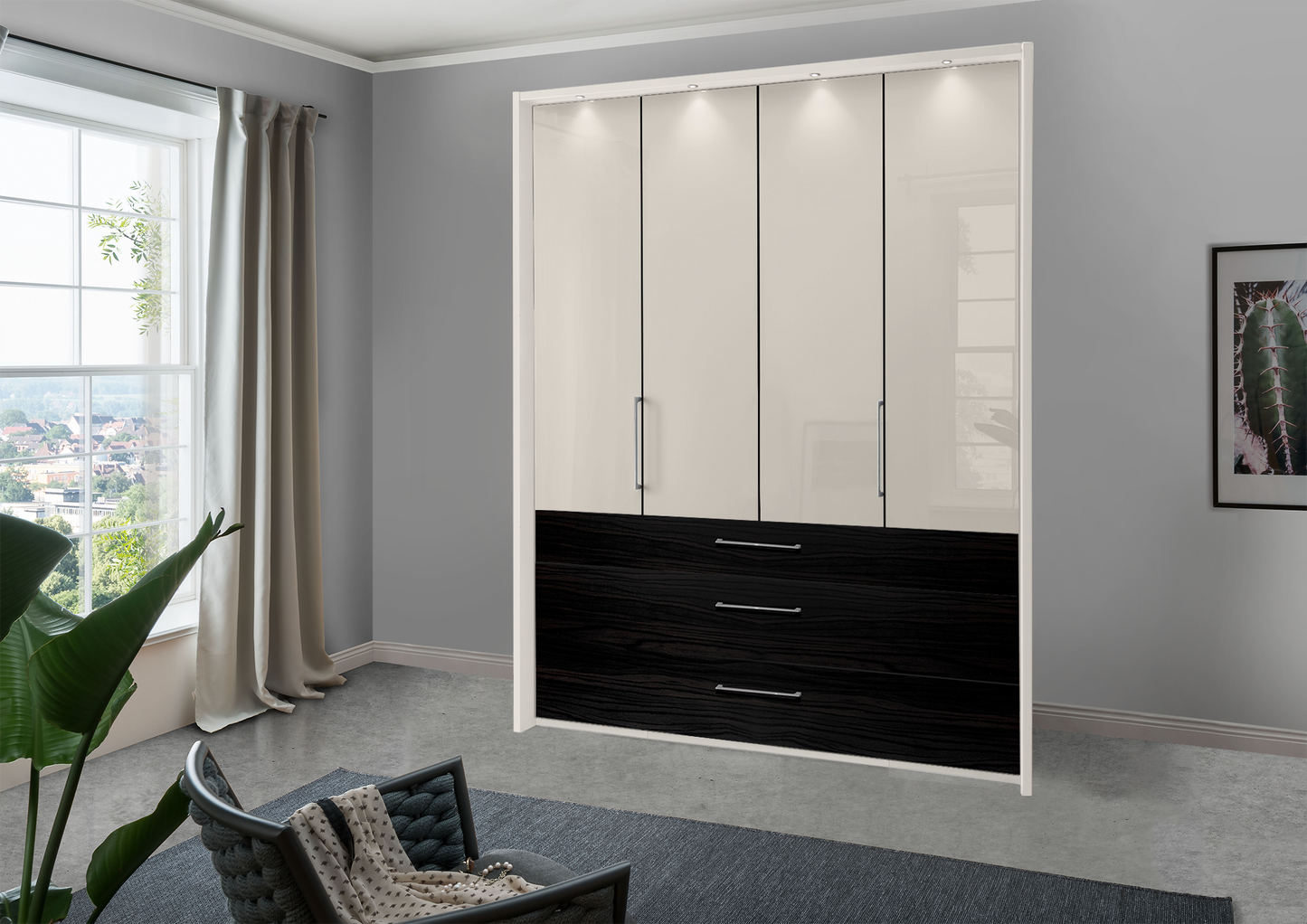 Munich 4 Door Wardrobe Glass Champagne with Drawers 200 cm