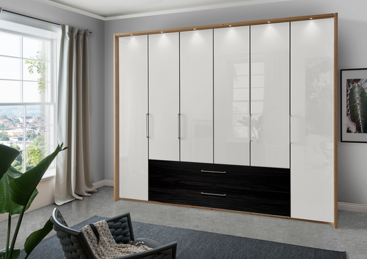 Munich 6 Door Wardrobe Glass White with Drawers 300 cm