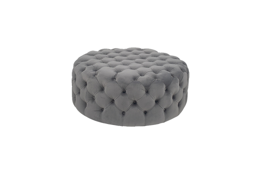 Grey Large Velvet Round Buttoned Pouffe