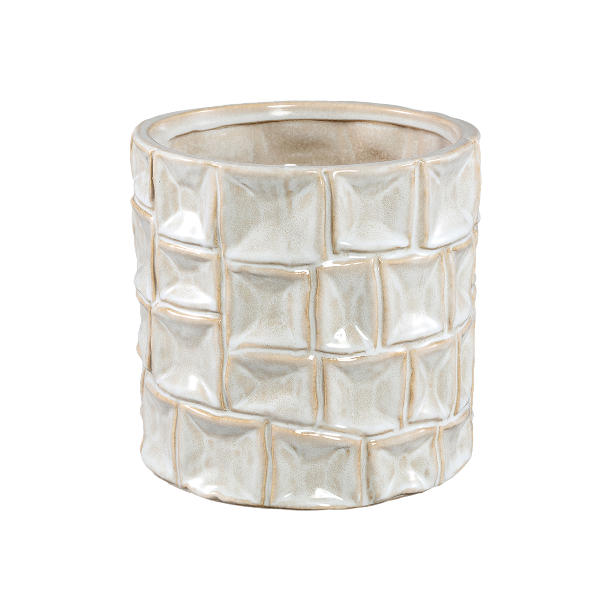 Cream Ceramic Round Pot Square Pattern