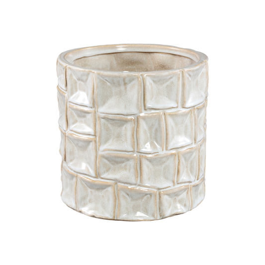 Cream Ceramic Round Pot Square Pattern