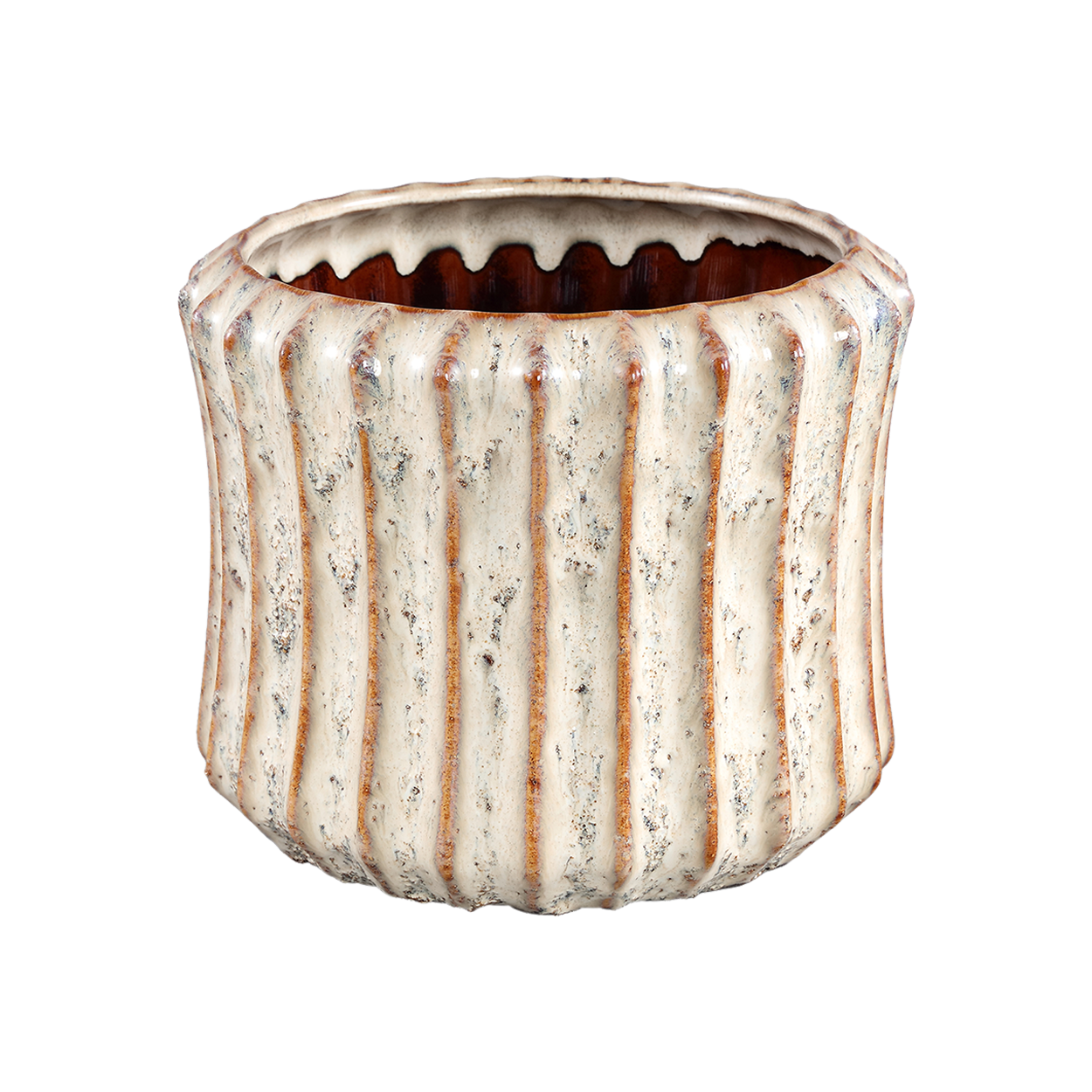 Cream Ceramic Pot Ribbed Round High