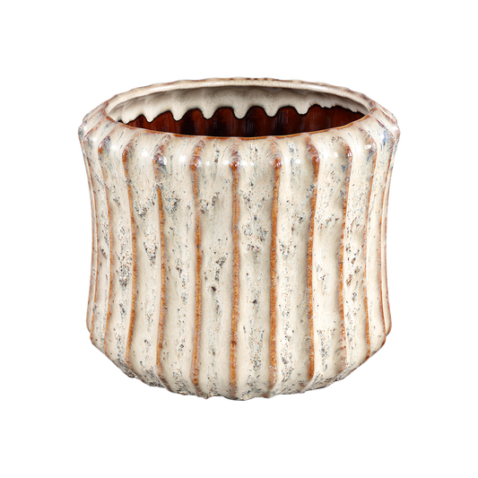 Cream Ceramic Pot Ribbed Round High