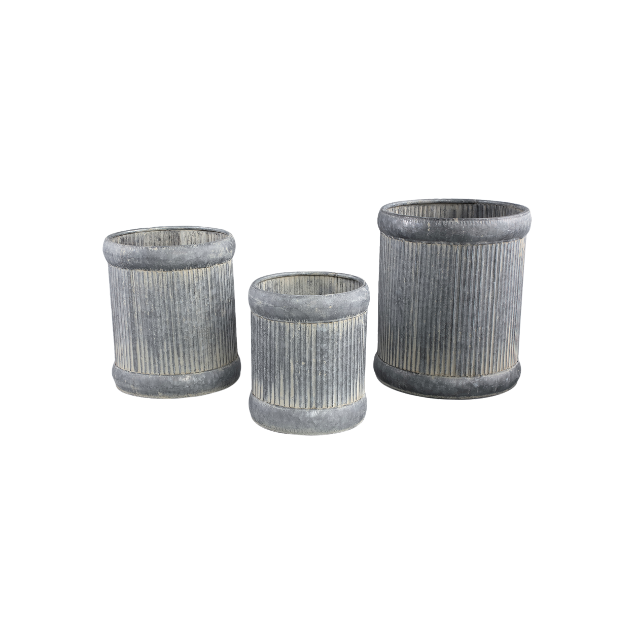 Set of 3 Grey Zinc Ribbed High Pot Round