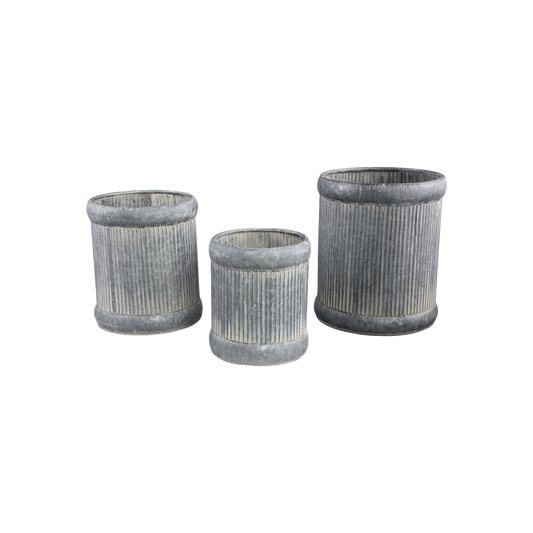 Set of 3 Grey Zinc Ribbed High Pot Round