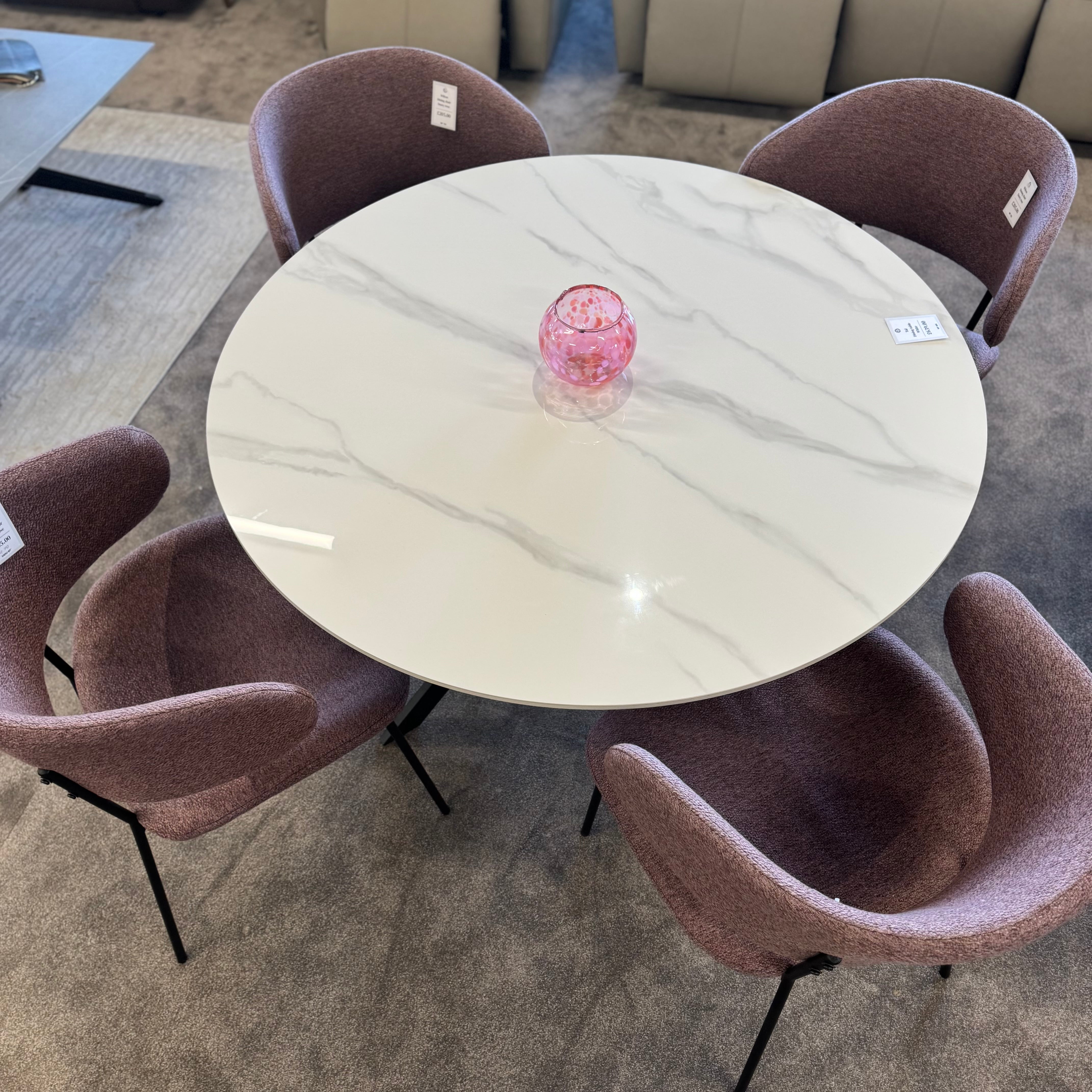 Circular White Table & 4 Dusty Rose Chairs | Clearance