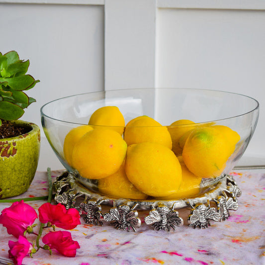 Bee Stand and Glass Bowl Silver