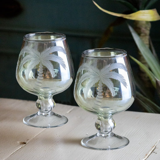 Set of 2 Palm Etched Wine Glasses
