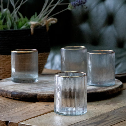 Set of Four Ribbed Recycled Glass Tumblers with Gold Rim