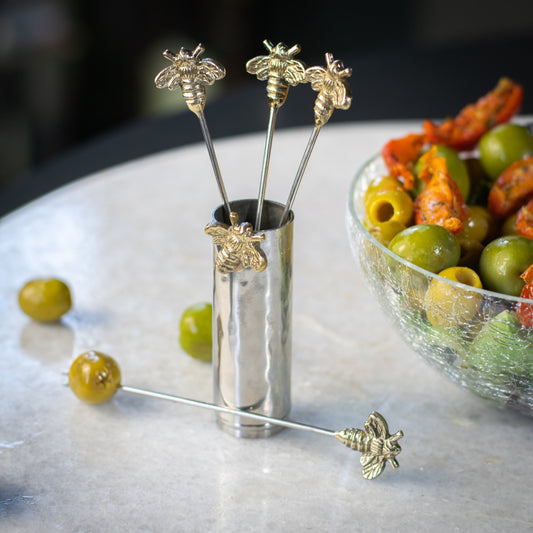 Set Of Four Bee Olive Picks And Holder