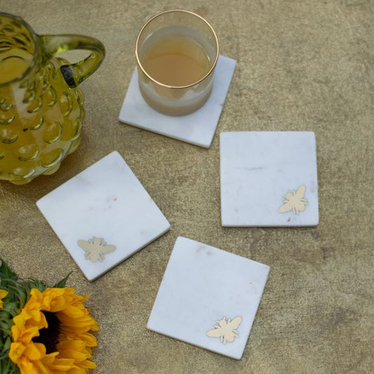 Set of 4 Marble Coasters with Brass Bee