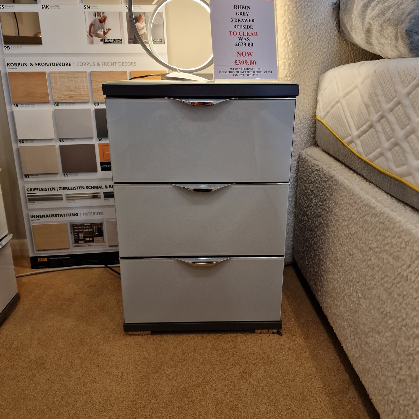 Rubin Grey 3 Drawer Bedside  | Clearance