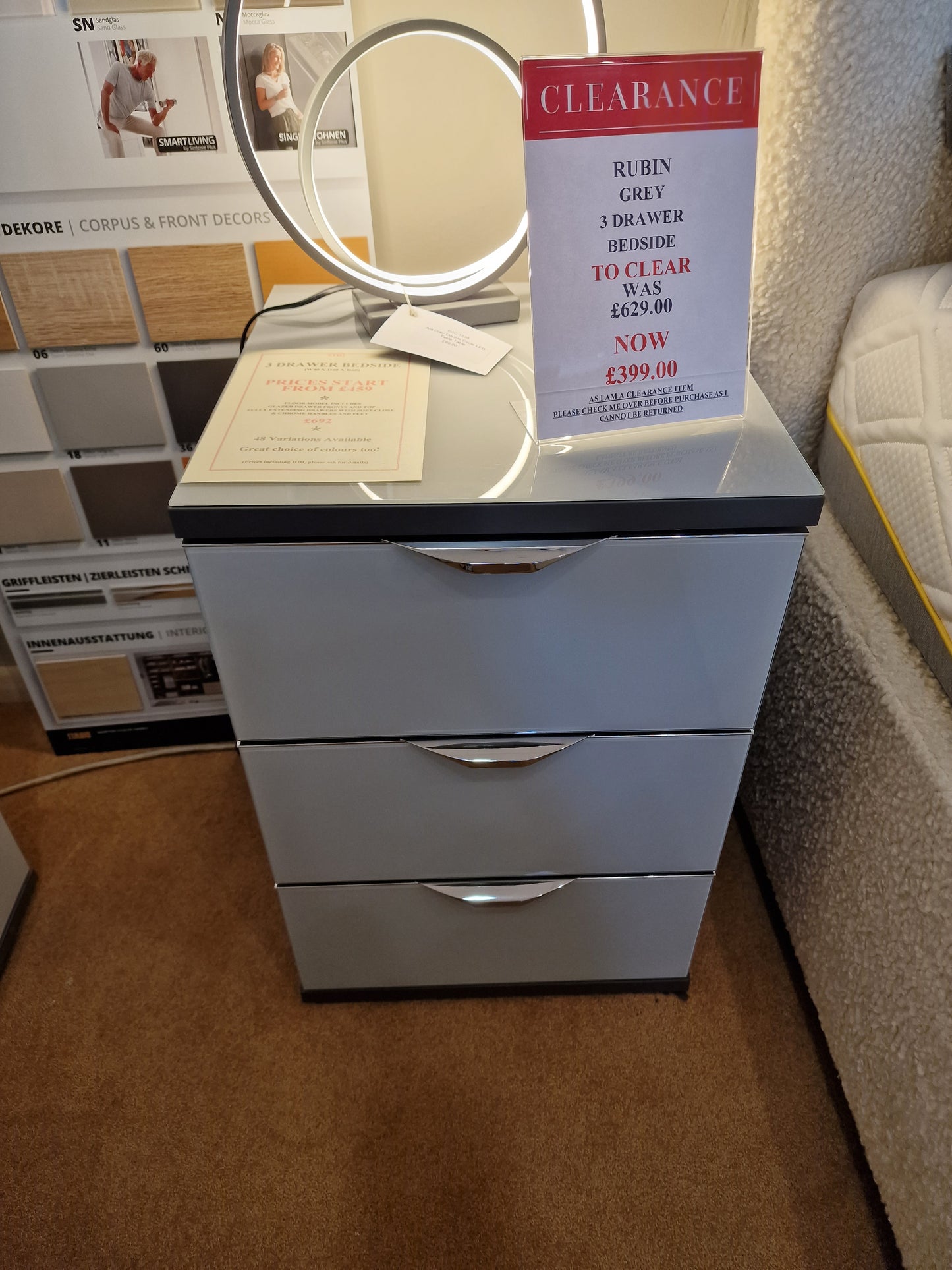 Rubin Grey 3 Drawer Bedside  | Clearance