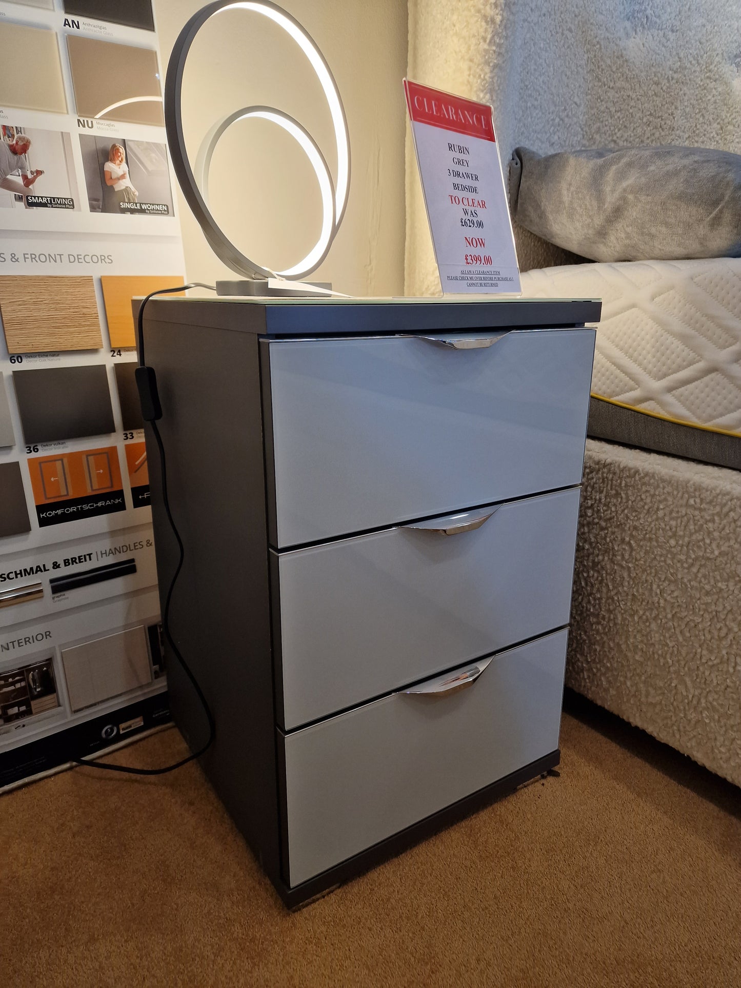 Rubin Grey 3 Drawer Bedside  | Clearance