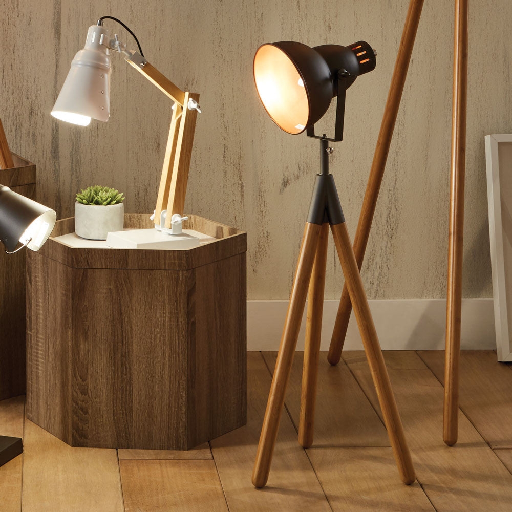 Grey Metal and Natural Wood Tripod Table Lamp