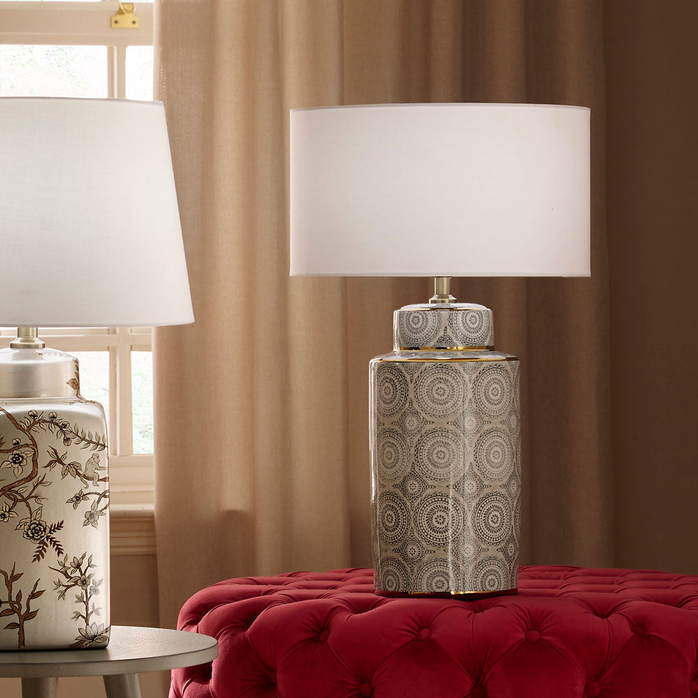 Circle Pattern Ceramic Lamp & Grey Velvet Shade