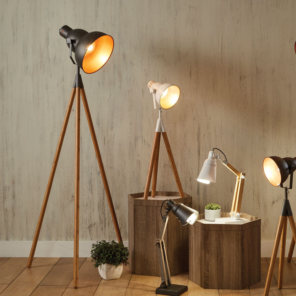 Grey Metal and Natural Wood Tripod Floor Lamp