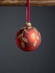 Christmas Bauble Red with Sparkling Holly