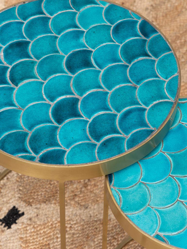 Set of 2 Side Tables Ceramic Tiles Blue