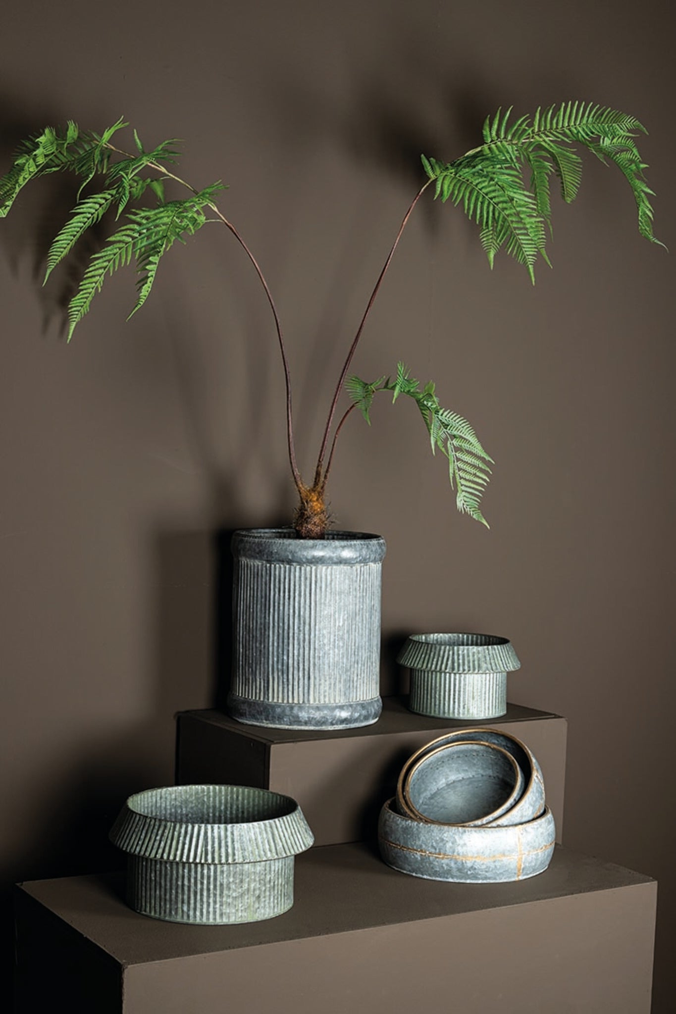 Set of 3 Grey Zinc Ribbed High Pot Round