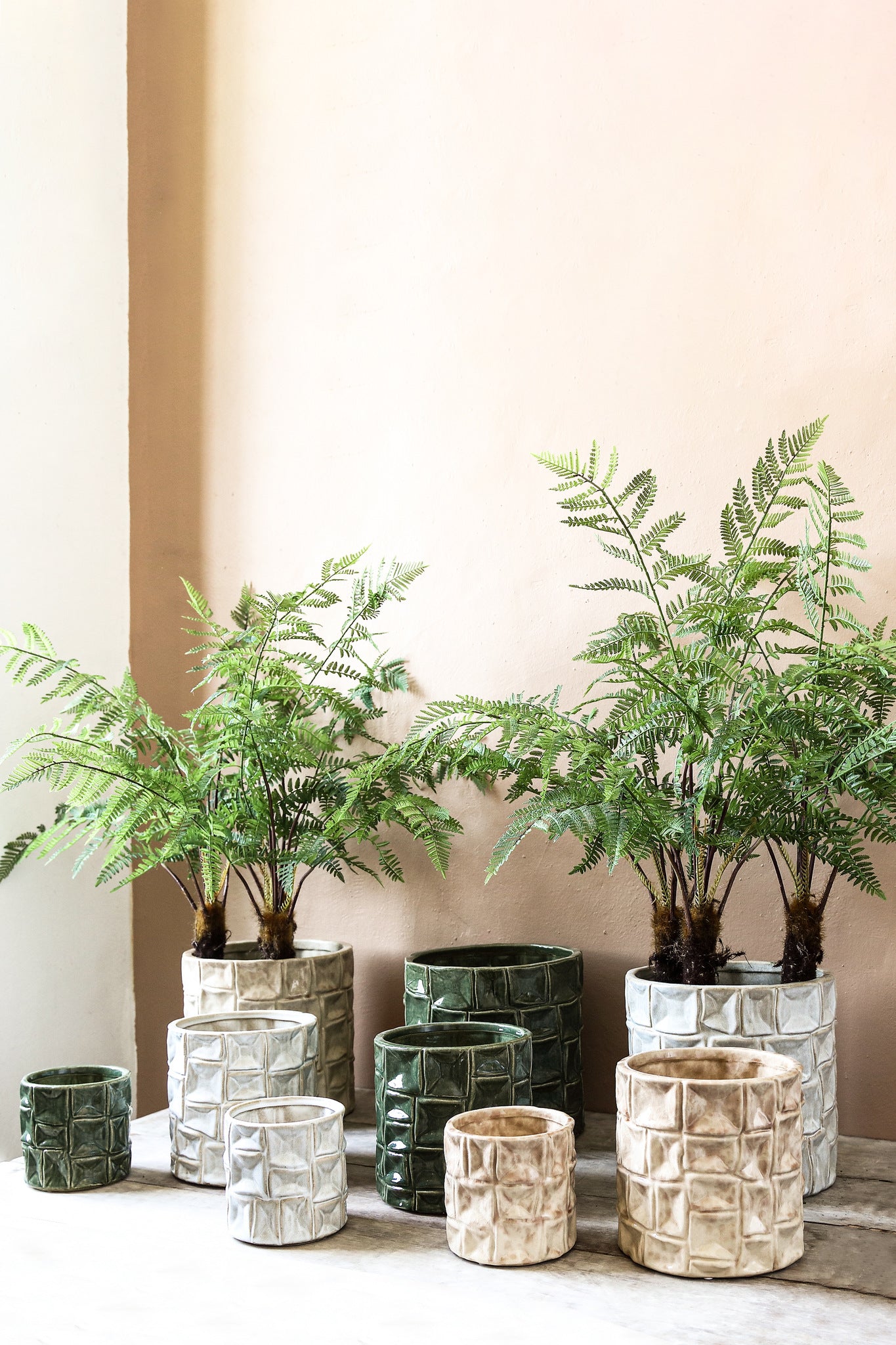 Green Ceramic Round Pot Square Pattern