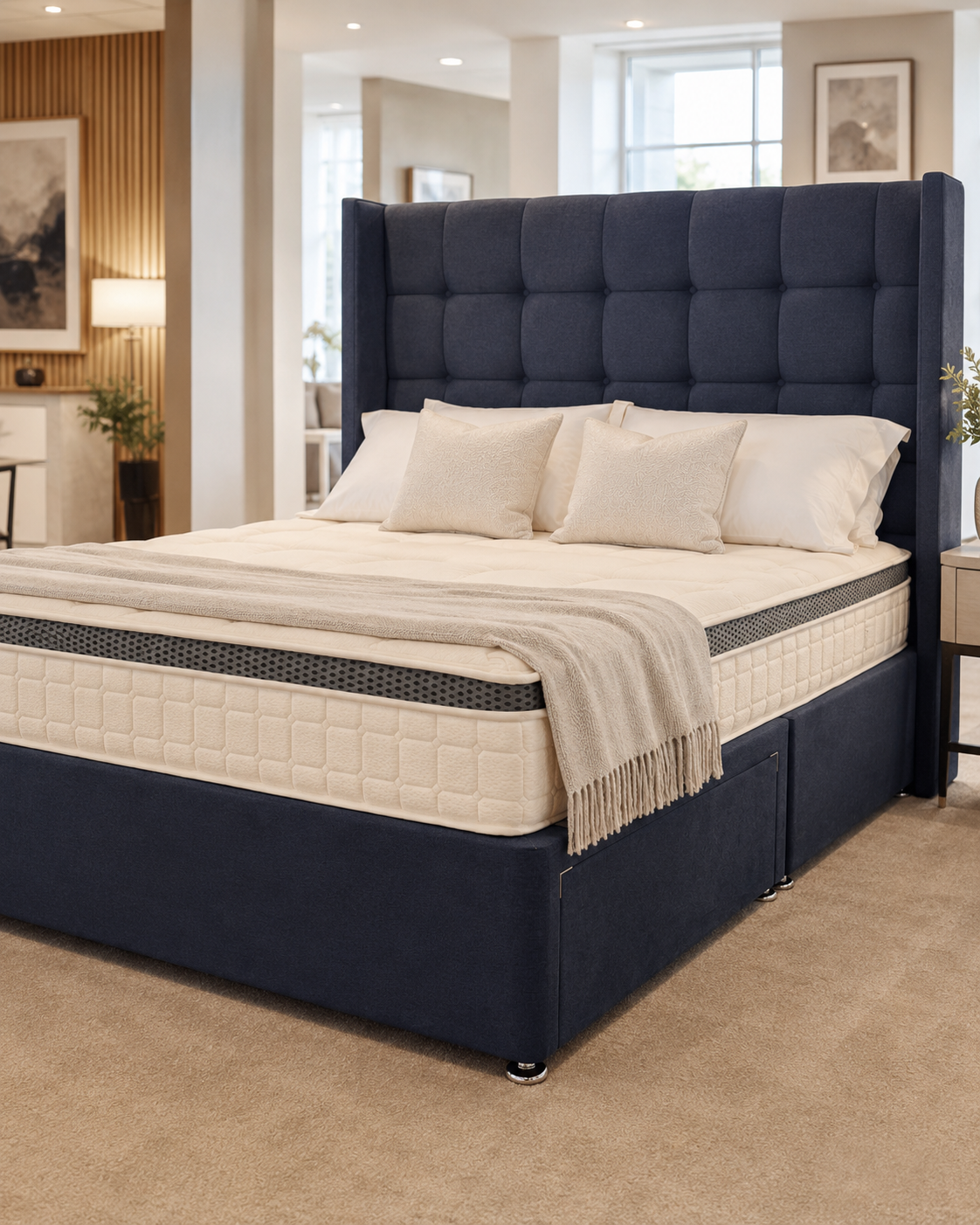 4'6" Winged Blue Headboard & 2 Drawer Base