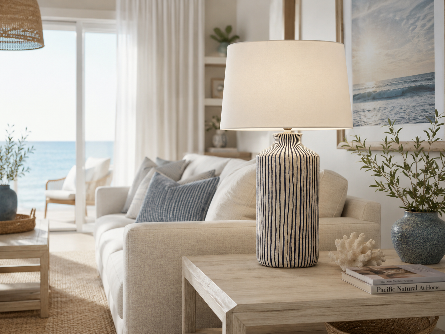 Blue Stone Embossed Stripe Lamp & 40cm Stone Shade