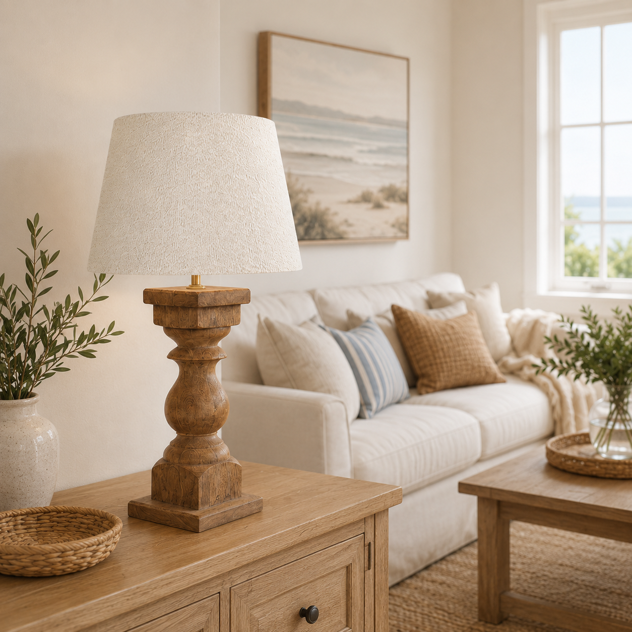 Antique Turned Wood Table Lamp & Boucle Shade