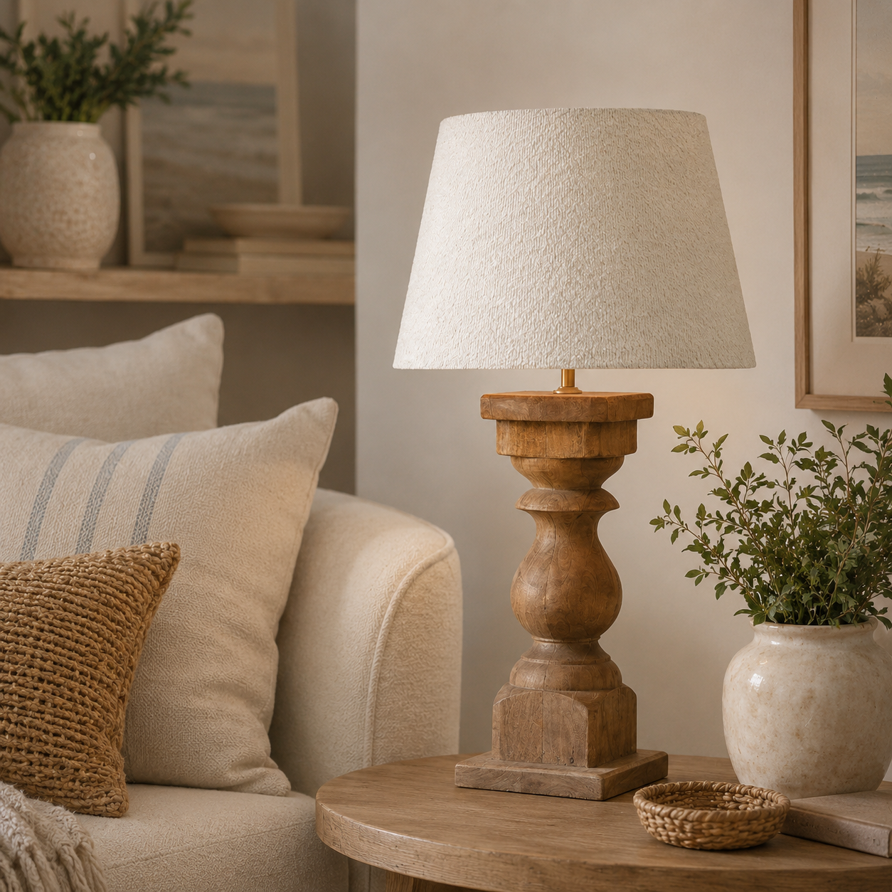 Antique Turned Wood Table Lamp & Boucle Shade