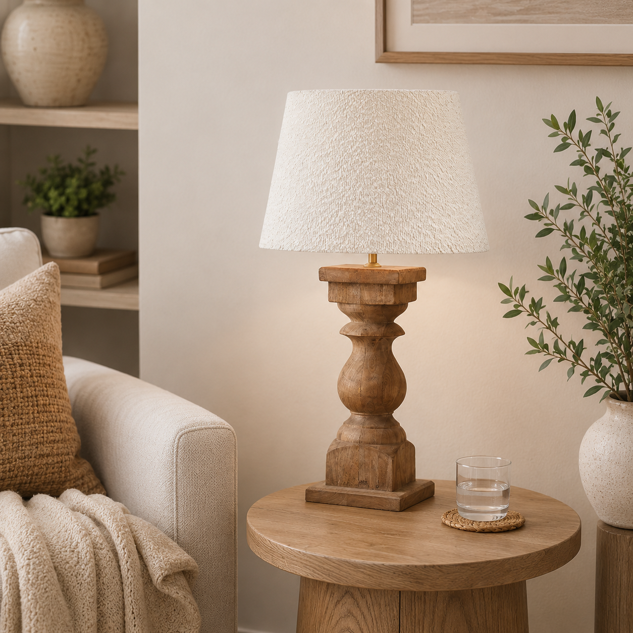 Antique Turned Wood Table Lamp & Boucle Shade