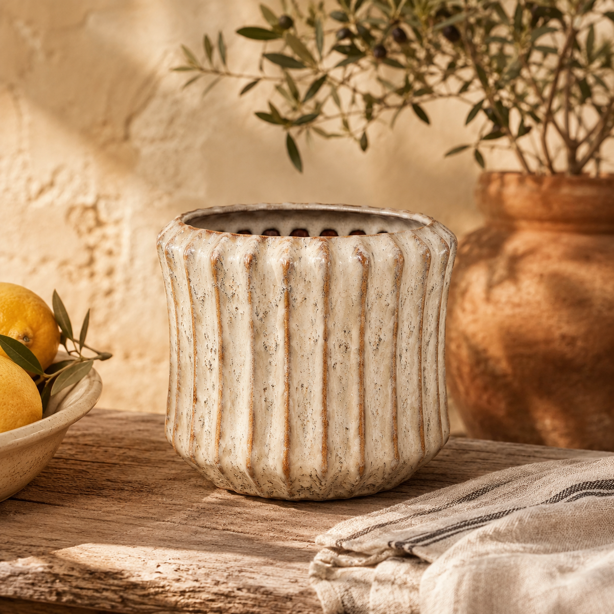 Cream Ceramic Pot Ribbed Round High