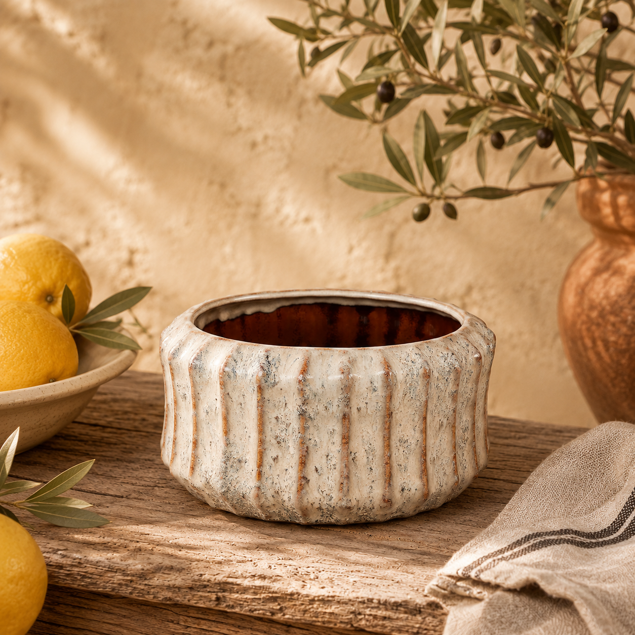 Cream Ceramic Pot Ribbed Round Low