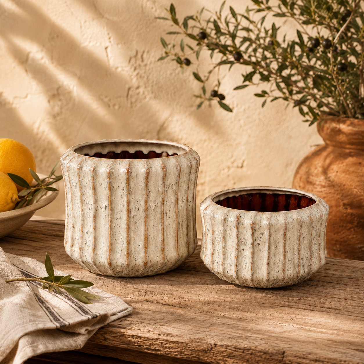Cream Ceramic Pot Ribbed Round Low