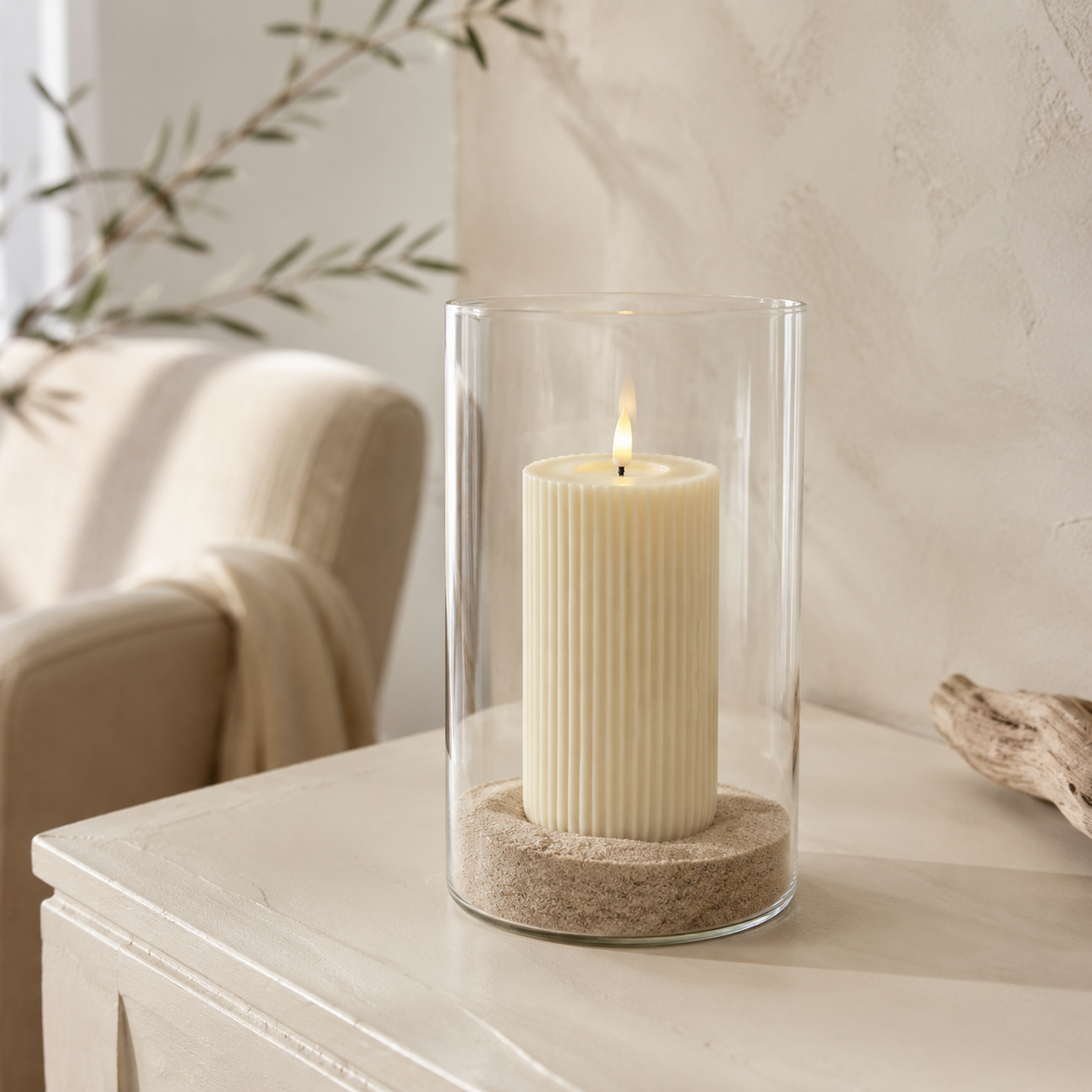 LED Shape Stripe Candle Cream 15cm