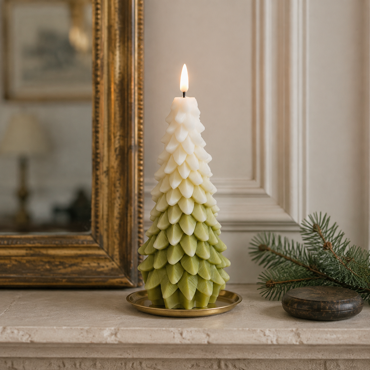 LED Christmas Tree Candle White & Green 18cm