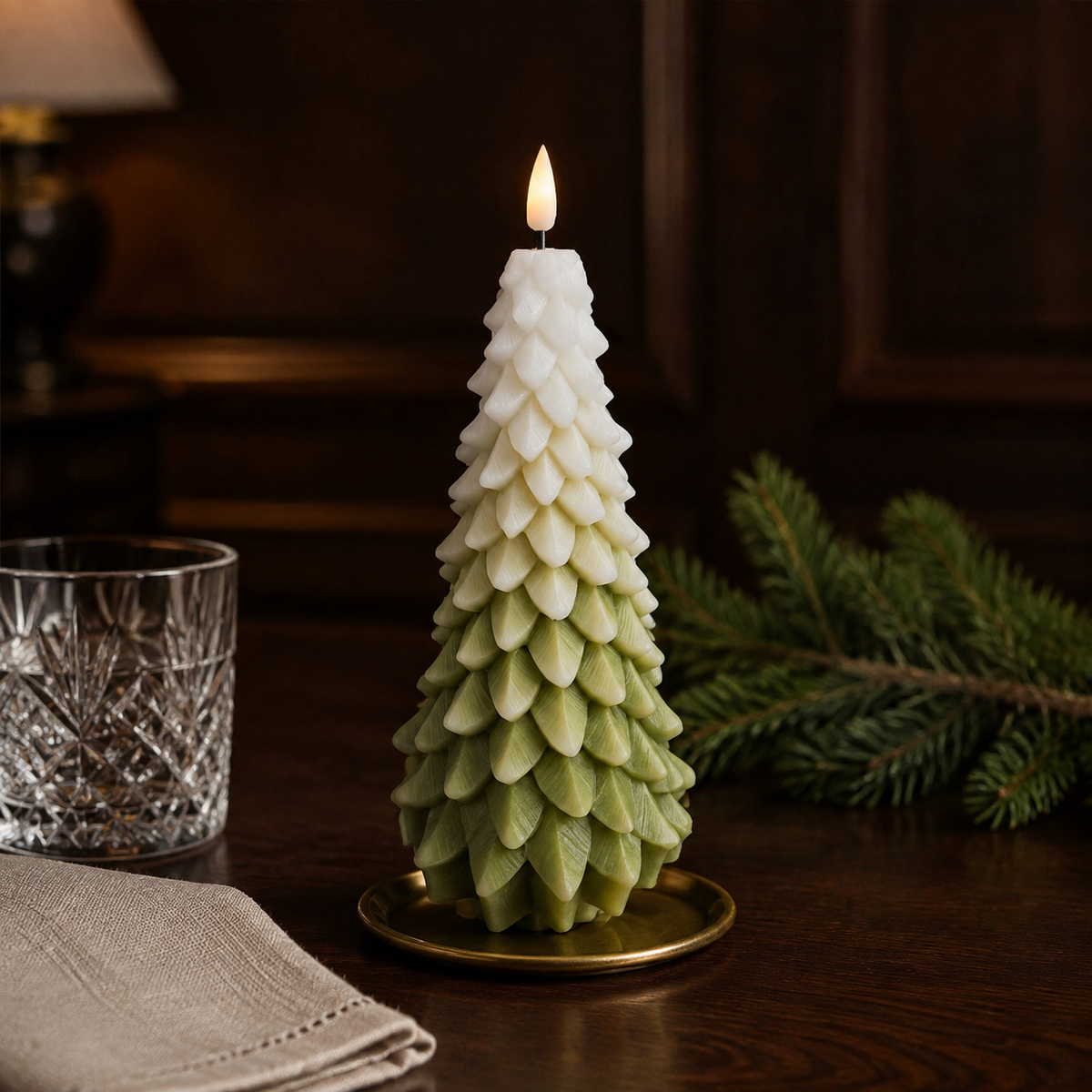 LED Christmas Tree Candle White & Green 18cm