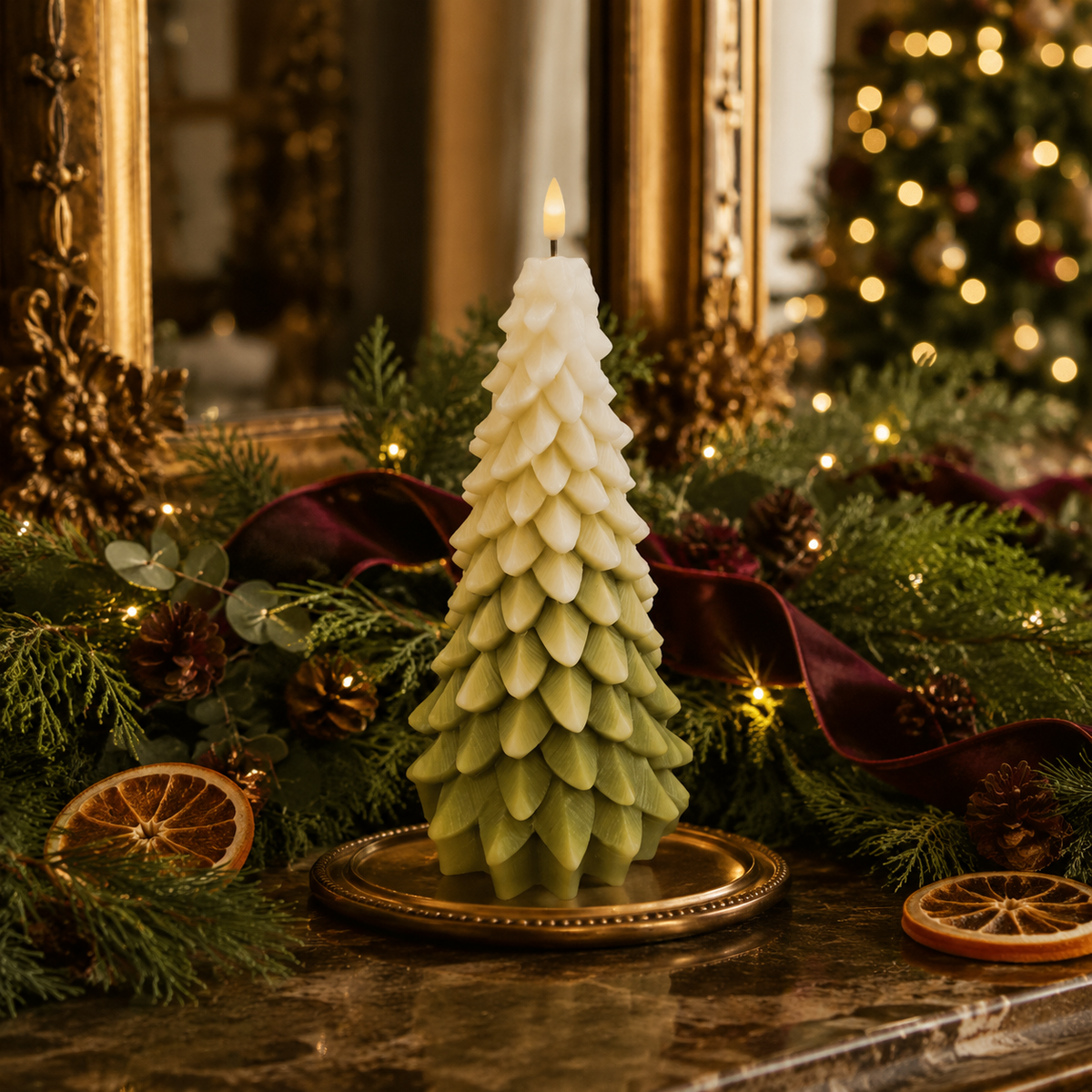 LED Christmas Tree Candle White & Green 18cm