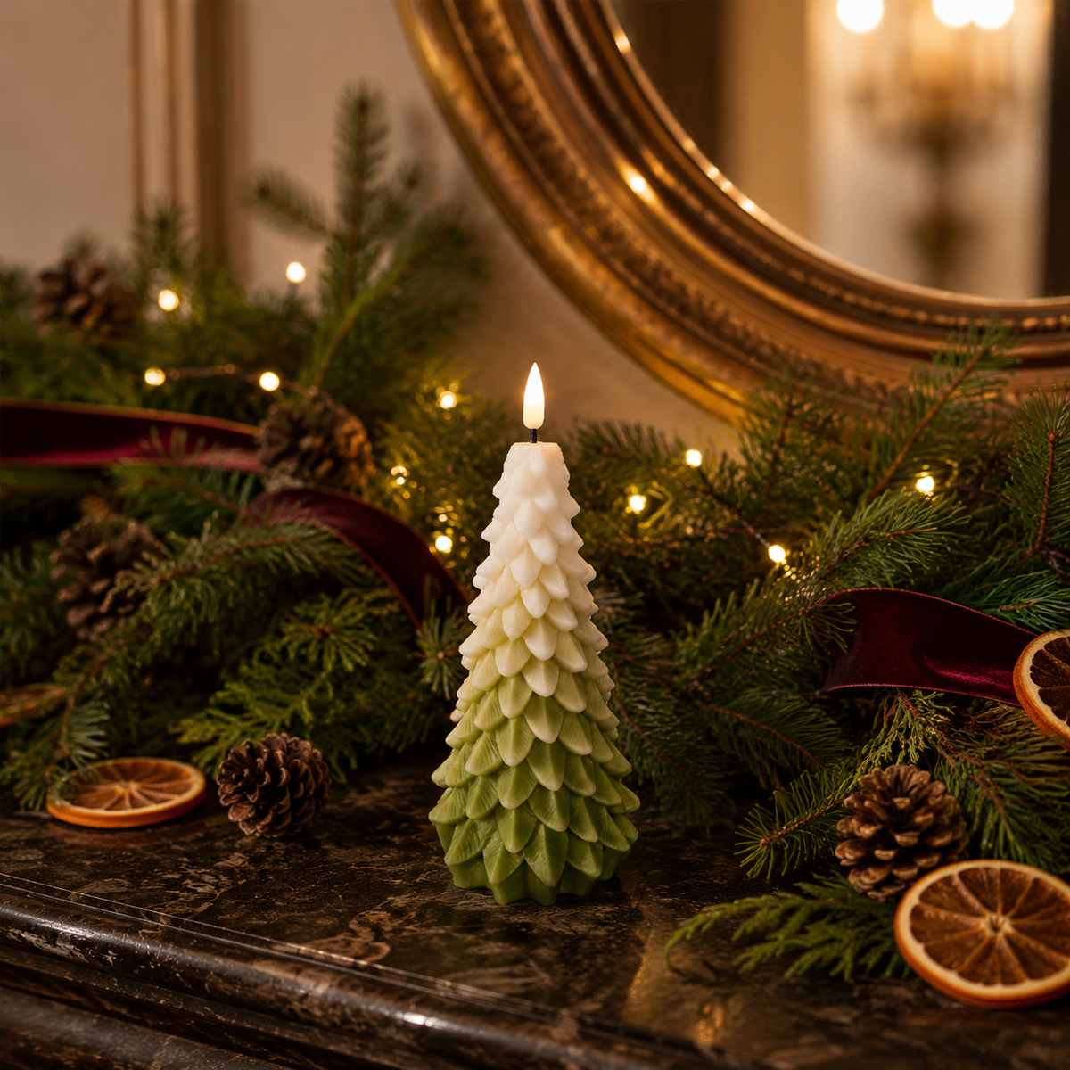 LED Christmas Tree Candle White & Green 16cm