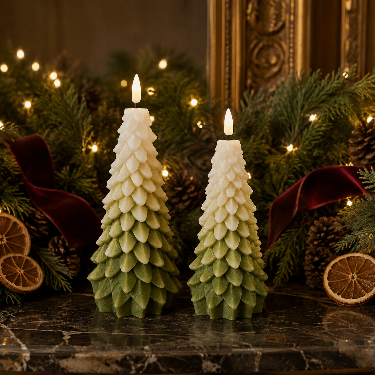 LED Christmas Tree Candle White & Green 16cm
