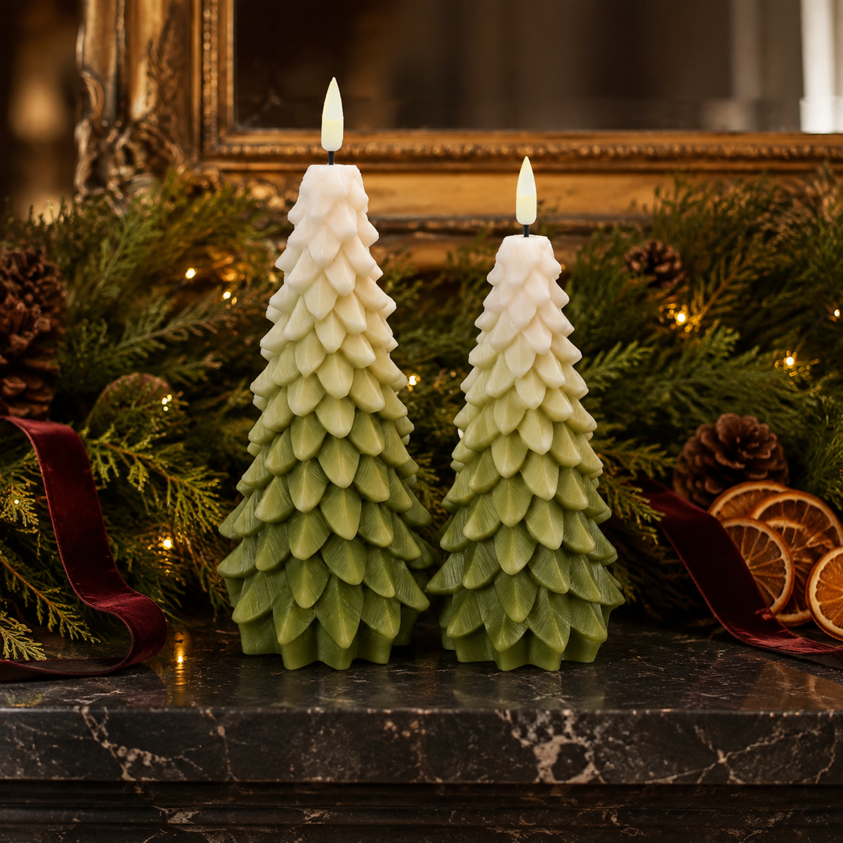 LED Christmas Tree Candle White & Green 16cm